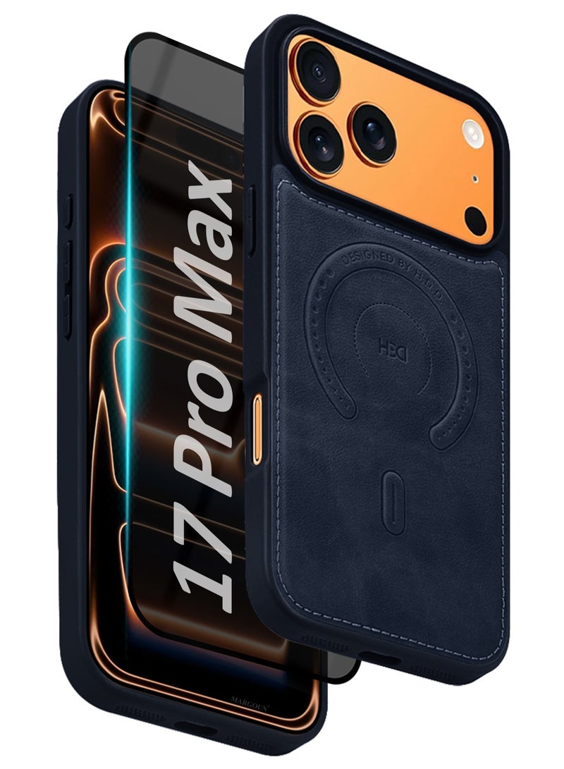 HDD Premium Leather Case and Screen Protector Compatible with iPhone 17 Pro Max, Slim MagSafe Shockproof Protective Cover with Metallic Camera Ring & Tactile Buttons – Blue - Image 1