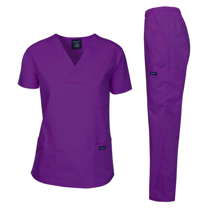 Dagacci Medical Uniform Woman and Man Scrub Set Unisex Medical Scrub Top and Pant, Purple, XS - Image 1