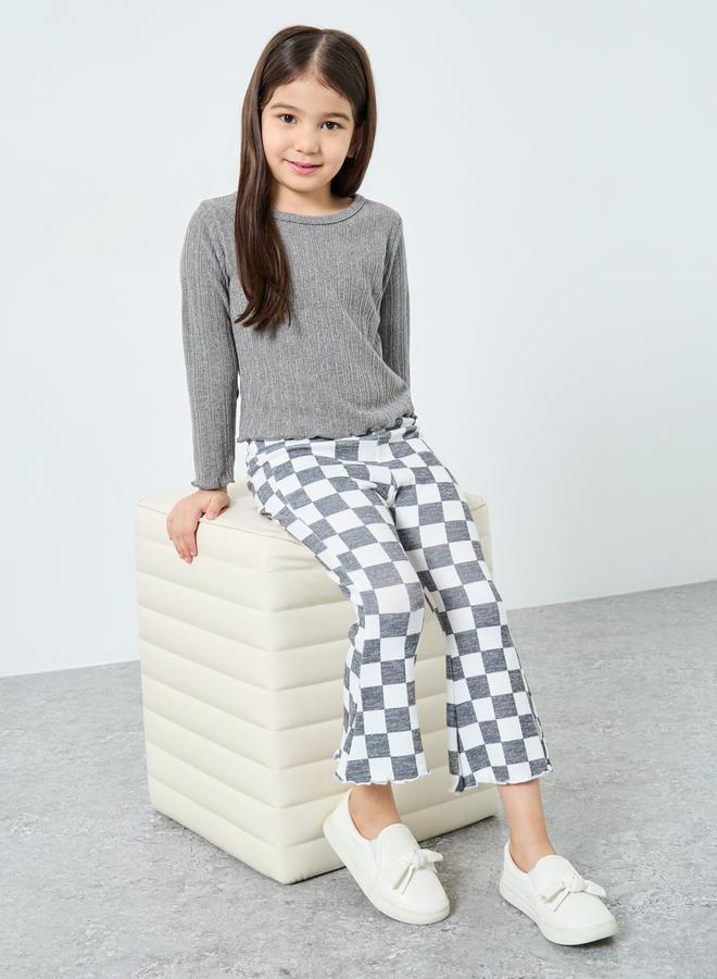 تايك تو طقم تي شيرت بناتي مزخرف وبنطلون واسع كاروهات - Image 1