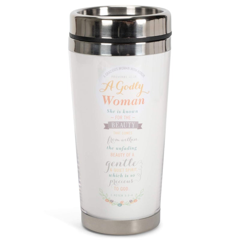 Dicksons A Godly Woman White 16 Oz. Stainless Steel Insulated Travel Mug with Lid - Image 1