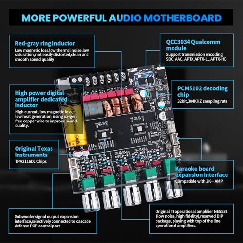 ARRAROWN ZK-TB21Q Bluetooth 5.1 Amplifier Board 2.1 Channel 50W*2+100W Mini Hi-Fi Audio Amp Supporting Qualcomm APTX-HD, AUX Lossless Input, Sub Amplifiers with Mic Input, DC 12-24V (ZK-TB21 Upgraded) - Image 4