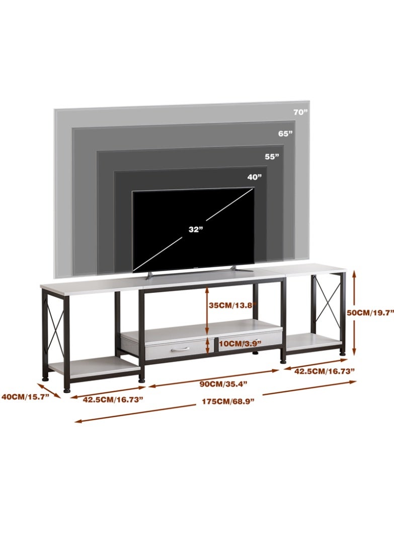 اديببولا 175*40*50 سم طاوله تلفزيون لأجهزة التلفزيون حتى 70 بوصة مع درجين من القماش، مكتبة تلفزيون مع أرفف تخزين مفتوحة، طاولة تلفزيون حديثة، طاولة تلفاز لغرفة المعيشة، غرفة النوم، مركز الترفيه، أبيض، سم - Image 2