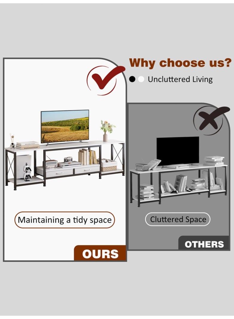 اديببولا 175*40*50 سم طاوله تلفزيون لأجهزة التلفزيون حتى 70 بوصة مع درجين من القماش، مكتبة تلفزيون مع أرفف تخزين مفتوحة، طاولة تلفزيون حديثة، طاولة تلفاز لغرفة المعيشة، غرفة النوم، مركز الترفيه، أبيض، سم - Image 5