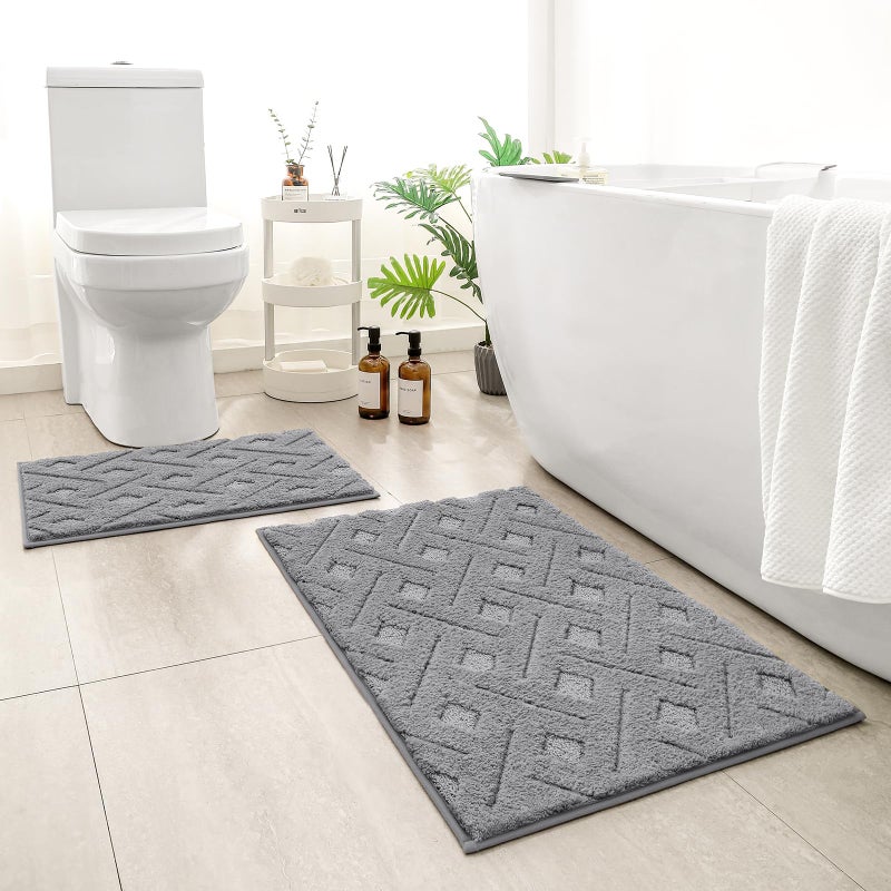 HOMEIDEAS Bathroom Rugs Sets 2 Piece Extra Soft Shaggy Absorbent Non Slip Machine Washable Grid Bath Mats for Bathroom Tub and Shower Grey