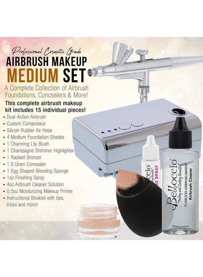 Belloccio Professional Beauty Airbrush Cosmetic Makeup System with 4 Medium Shades of Foundation in 1/4 Ounce Bottles - Kit Includes Blush, Bronzer and Highlighters  - Image 2