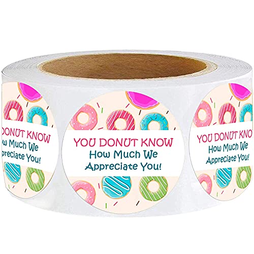 Besttile Donut Know How Much We Appreciate You Stickers,Donut Appreciation Stickers,1.5 Inch Teacher,Staff,or Employee Appreciation Thank You Sticker,Great for Envelope Seals and Gift Bags - Image 1