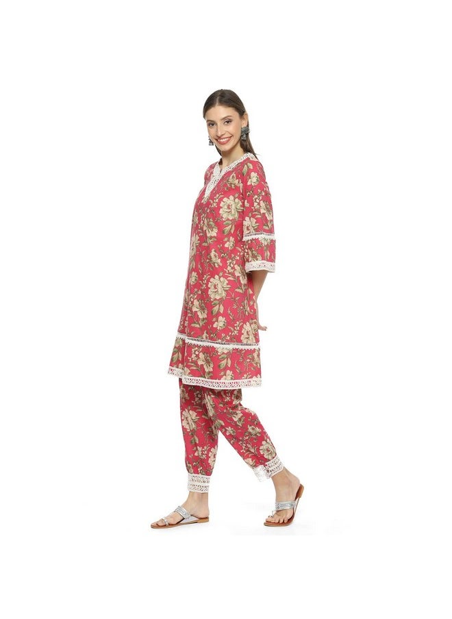 Biba - BIBA Womens Cotton Printed Relaxed Mix And Match Kurta Set (Roses An1976_Pink_36) - Image 1