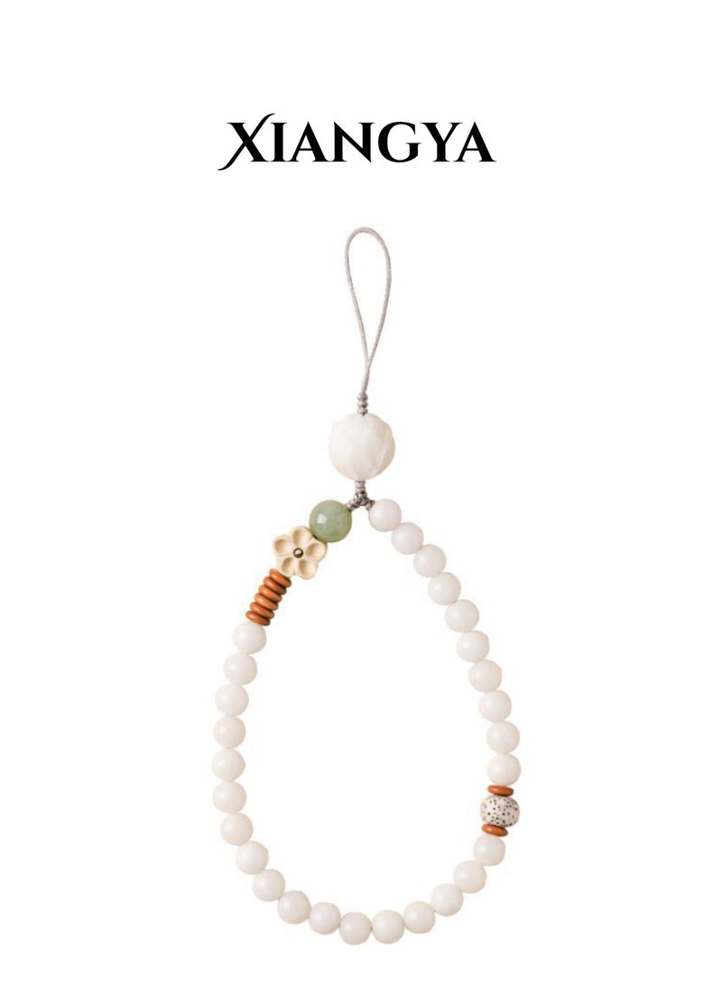 XIANGYA Phone Strap with White Bodhi Root Beaded – 23cm Handmade Wrist Lanyard with Lotus Bead and Natural Wood Accents, Zen Style Accessory - Image 1