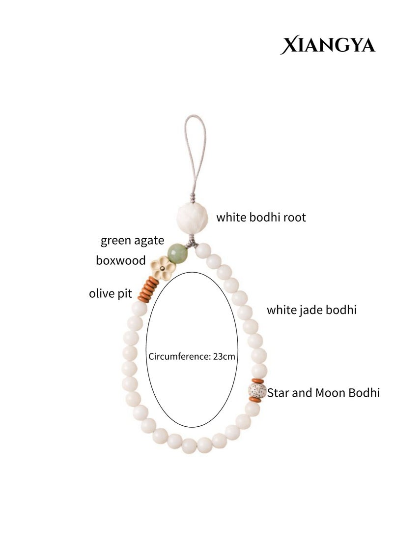XIANGYA Phone Strap with White Bodhi Root Beaded – 23cm Handmade Wrist Lanyard with Lotus Bead and Natural Wood Accents, Zen Style Accessory - Image 2