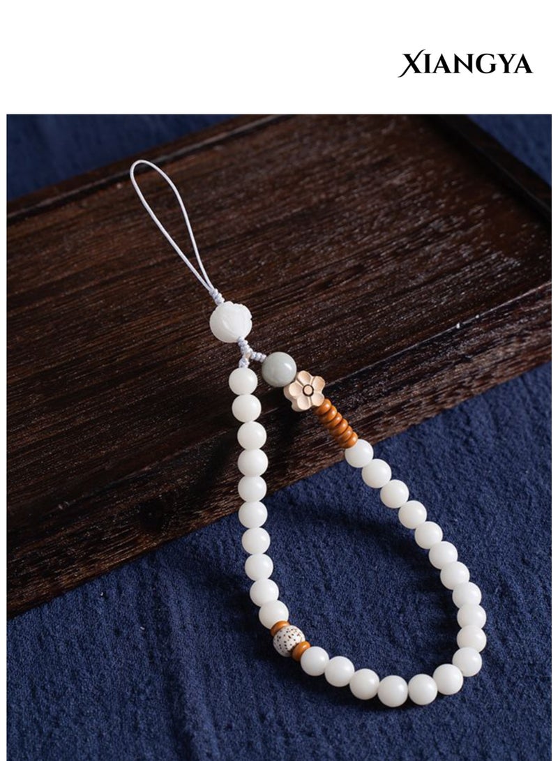 XIANGYA Phone Strap with White Bodhi Root Beaded – 23cm Handmade Wrist Lanyard with Lotus Bead and Natural Wood Accents, Zen Style Accessory - Image 4