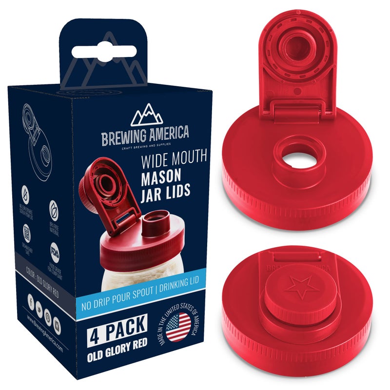 Mason Jar Lids Wide Mouth Plastic 4 packUSA MadeFlip Cap Screw Top Pour Spout Drink Hole  Leakproof for Kerr and Ball Canning Jars  Airtight for Drinks to Go and Controlled Pouring  Red