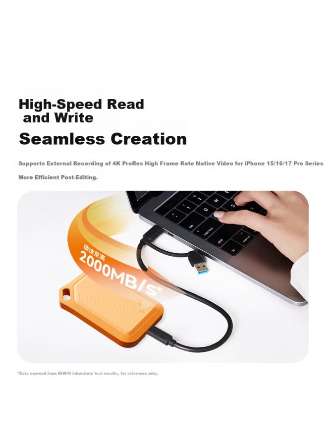 Biwin 512gb Portable Ssd Pr2000 Series Dynamic Orange 2000mb/s Read Speed Type-c External Drive For Mobile And Pc Platforms