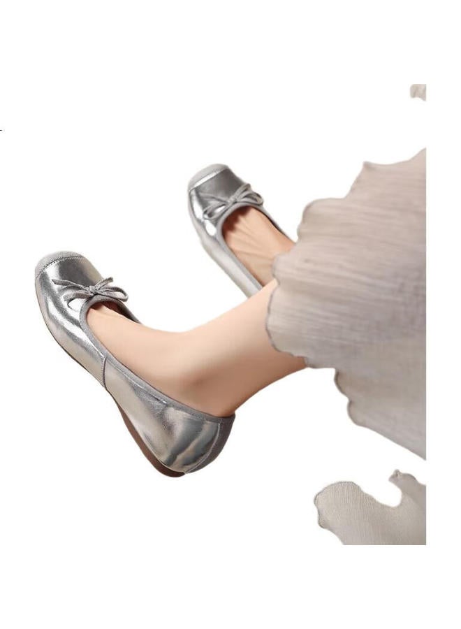 ZHR Women'S Fashion Single Shoes With Inner Heightening, Shallow Mouth, Bow Tie, Versatile Commuting Small Leather Shoes Ah602M Silver Size 37 - Image 2