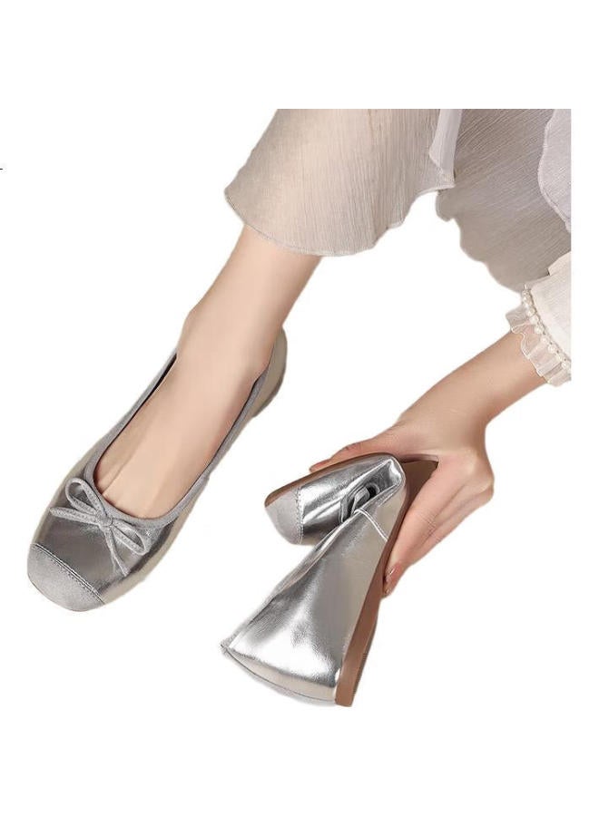 ZHR Women'S Fashion Single Shoes With Inner Heightening, Shallow Mouth, Bow Tie, Versatile Commuting Small Leather Shoes Ah602M Silver Size 37 - Image 3