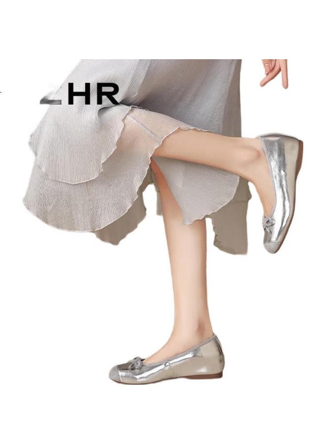 ZHR Women'S Fashion Single Shoes With Inner Heightening, Shallow Mouth, Bow Tie, Versatile Commuting Small Leather Shoes Ah602M Silver Size 37 - Image 1
