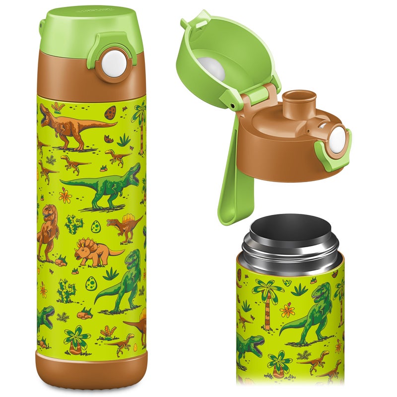 JarlsonÂ® Kids Water Bottle MALI [18OZ] - No Straw Stainless Steel Thermo Bottle - Insulated Waterbottle Leak Proof for School & Sports - Thermo Tumbler for Boys & Girls (Dinosaurs) - Image 1