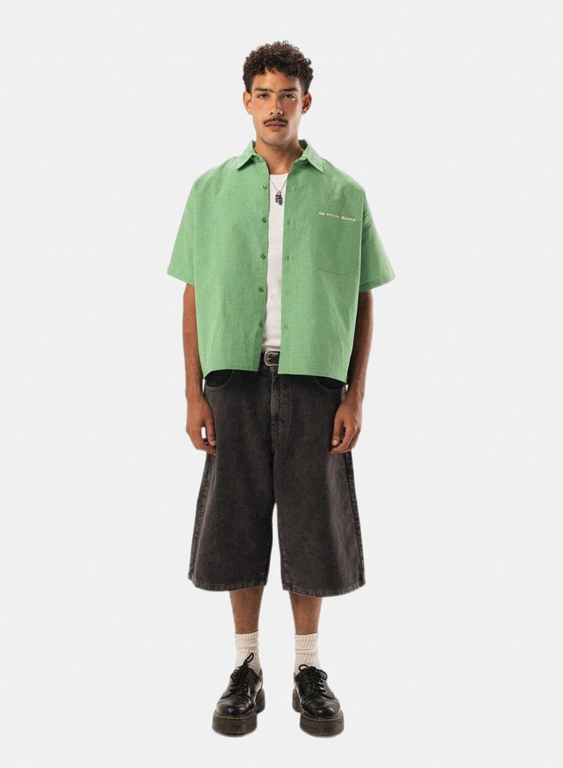 In Your Shoe Green Grid Boxy Linen Shirt - Image 1