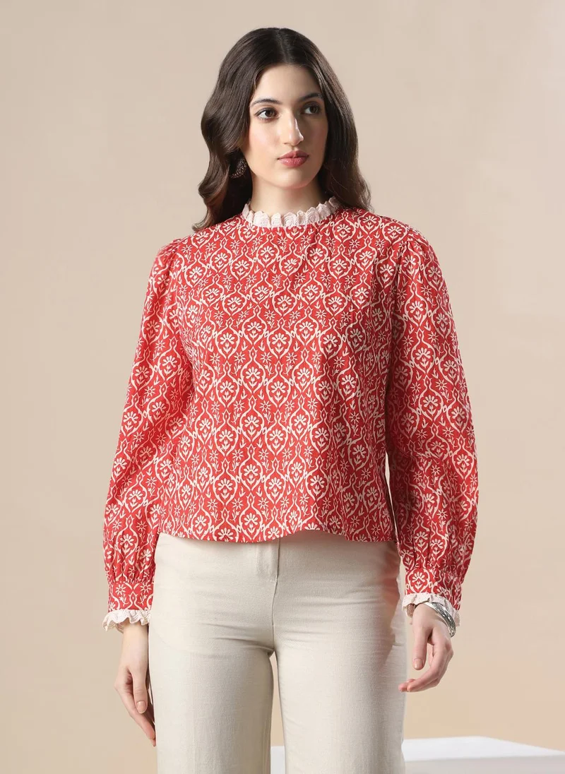 globus Globus Women Red All Over Floral Print Bishop Sleeves High Neck Lace Detail Party Top