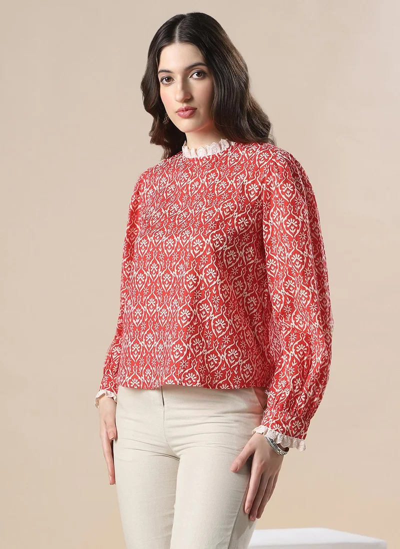 globus Globus Women Red All Over Floral Print Bishop Sleeves High Neck Lace Detail Party Top