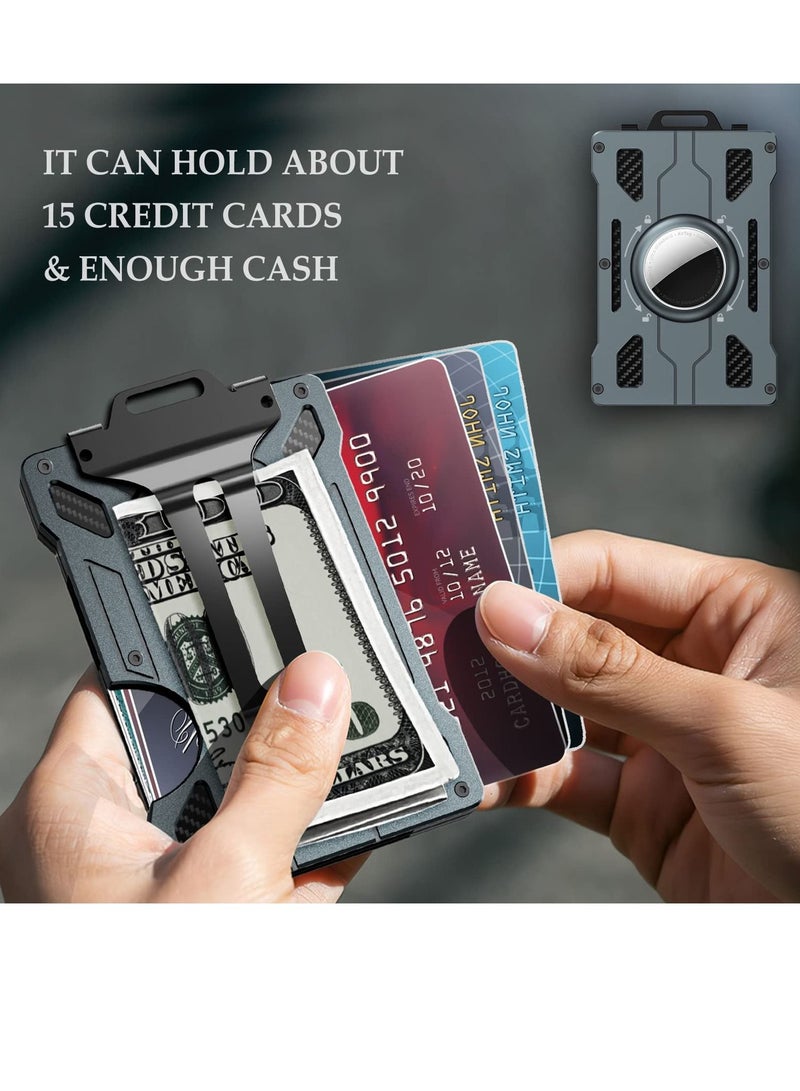 SYOSI Credit Card Holder with AirTag Keyring Wallet Men's RFID Blocking Aluminum Metal Money Clip 15 Cards Capacity Cash Dad Gifts, Grey ( Airtag Not Included)  - Image 3