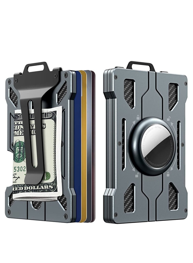 SYOSI Credit Card Holder with AirTag Keyring Wallet Men's RFID Blocking Aluminum Metal Money Clip 15 Cards Capacity Cash Dad Gifts, Grey ( Airtag Not Included)  - Image 1