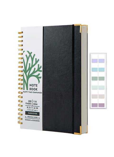 A4 Hardcover Spiral Notebook 300 Pages, Premium 110GSM Thick Lined Paper Notebook With Metal Rounded Include 12pcs Index Tabs, Good Choose For Work,School, Journal, Black