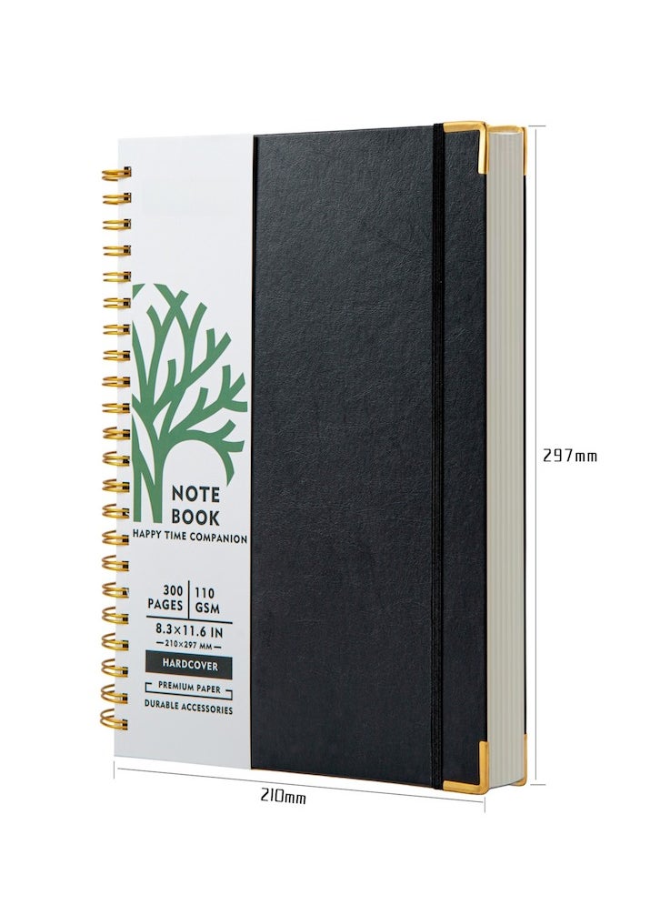 Generic - A4 Hardcover Spiral Notebook 300 Pages, Premium 110GSM Thick Lined Paper Notebook With Metal Rounded Include 12pcs Index Tabs, Good Choose For Work,School, Journal, Black - Image 1
