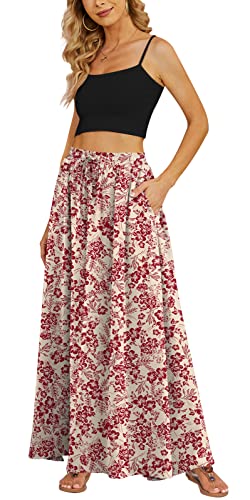 Yincro Women Flowy Maxi Skirt Summer Pleated High Waisted Casual Long Skirts with Pockets (Red Flower Beige, XL) - Image 5