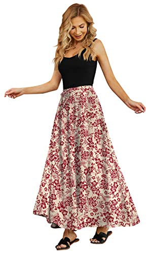 Yincro Women Flowy Maxi Skirt Summer Pleated High Waisted Casual Long Skirts with Pockets (Red Flower Beige, XL) - Image 3