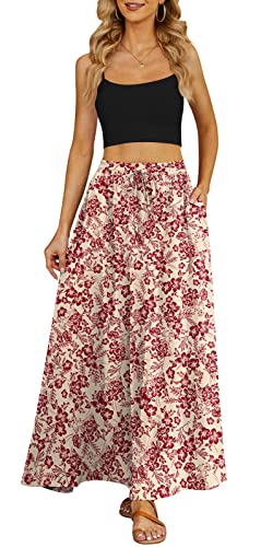 Yincro Women Flowy Maxi Skirt Summer Pleated High Waisted Casual Long Skirts with Pockets (Red Flower Beige, XL) - Image 2