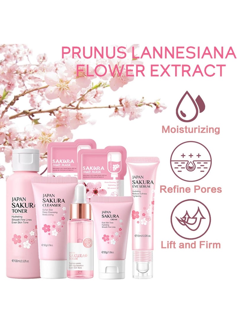 Laikou Skin Care Set Sakura Women Beauty Gift Sets Korean Skin Care Kit- Cleanser,Serum,Face Cream,Toner,Eye Cream,Mud Mask-Skin Care Routine Kit (One Size, Cherry Blossom-StyleA-Bae Moisturizing) - Image 3