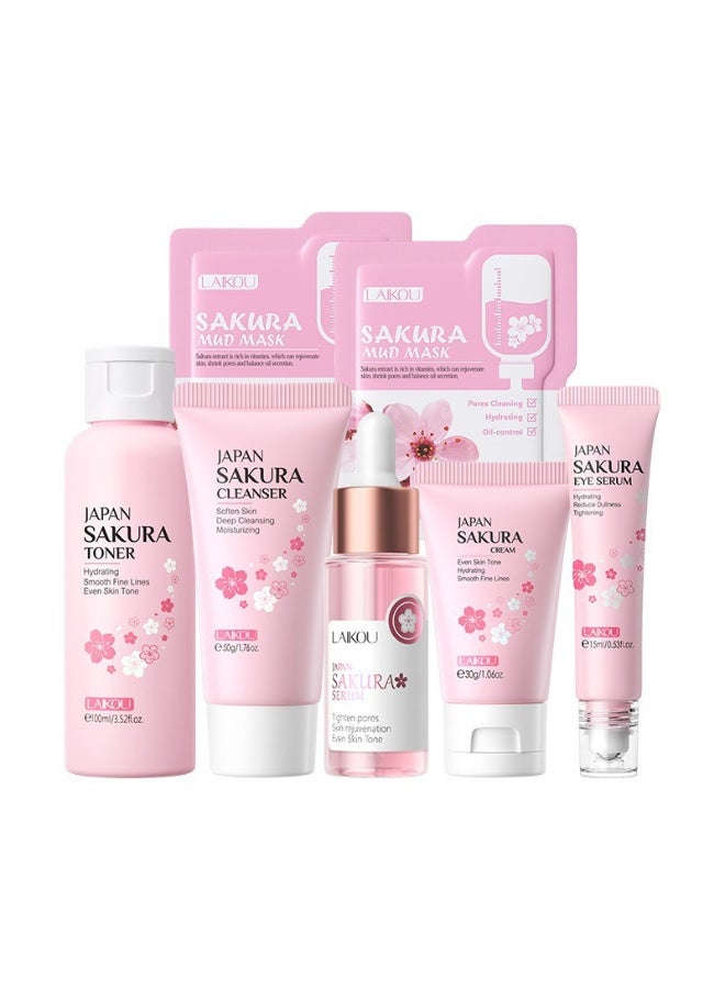 Laikou Skin Care Set Sakura Women Beauty Gift Sets Korean Skin Care Kit- Cleanser,Serum,Face Cream,Toner,Eye Cream,Mud Mask-Skin Care Routine Kit (One Size, Cherry Blossom-StyleA-Bae Moisturizing) - Image 1