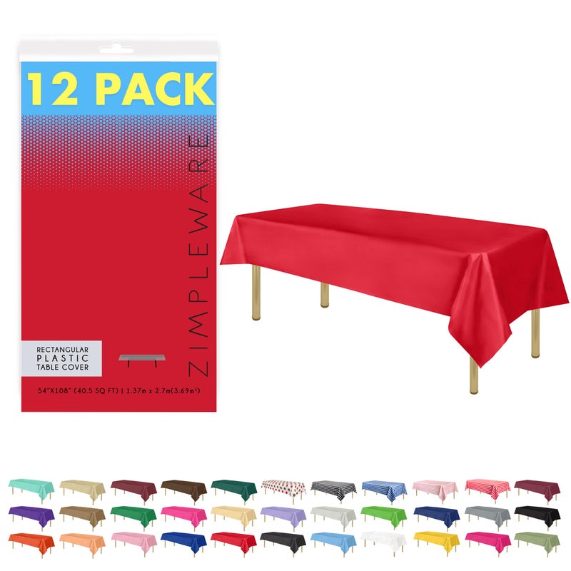 ZIMPLEWARE Premium Red Plastic Table Cloth Disposable 12 Pk Plastic Tablecloths for Rectangle Tables 54in x 108in Party Table Cloths Disposable for 6ft to 8ft Rectangle Tables