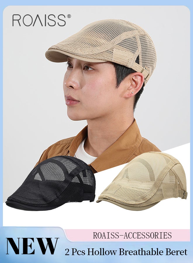 roaiss 2 Pcs Men's Mesh Cap Breathable Summer Newsboy Hat Adjustable Duckbill Ivy Gatsby Cabbie Driving Hat Casual Beret, Fashion Forward Cap - Image 1