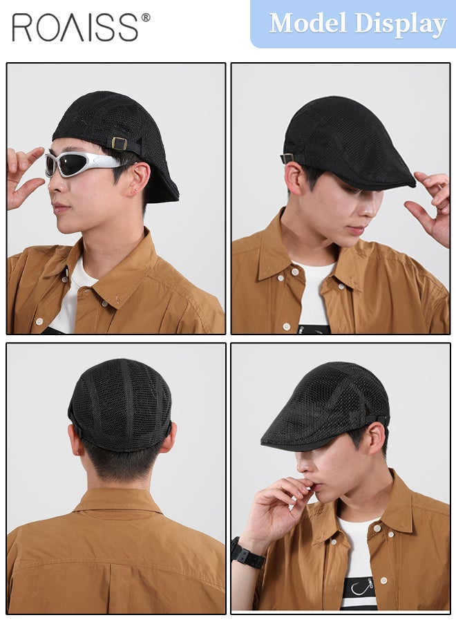 roaiss 2 Pcs Men's Mesh Cap Breathable Summer Newsboy Hat Adjustable Duckbill Ivy Gatsby Cabbie Driving Hat Casual Beret, Fashion Forward Cap - Image 3