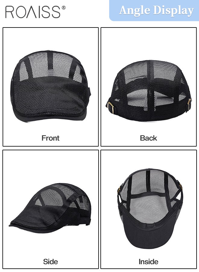 roaiss 2 Pcs Men's Mesh Cap Breathable Summer Newsboy Hat Adjustable Duckbill Ivy Gatsby Cabbie Driving Hat Casual Beret, Fashion Forward Cap - Image 4