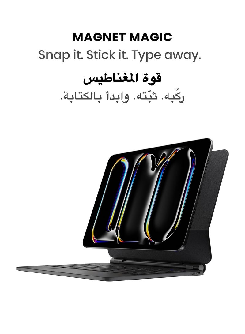TinyMoose SpacePad Pro iPad Magic Keyboard for iPad – 5-Way Multi-Touchpad, LED Display, 7-Color Backlit, Scissor Keys, Bluetooth 5.0, Adjustable Stand – Compatible with iPad Pro 11 (M4) – Carbon Black – Supports English & Arabic - Image 4
