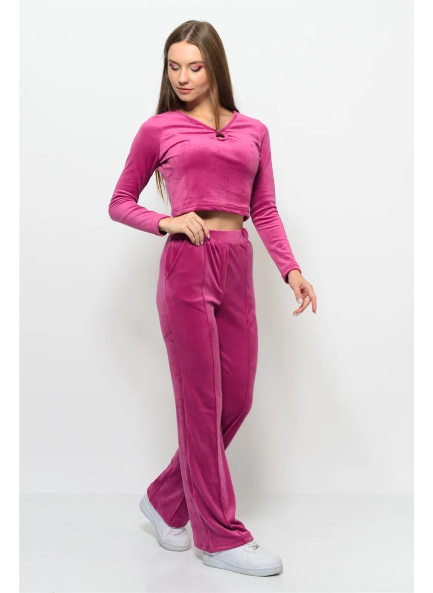 Nuseel Women Soft Velvet Trousers-Blouse Bottom Top Two Piece Set Pomegranate Flower