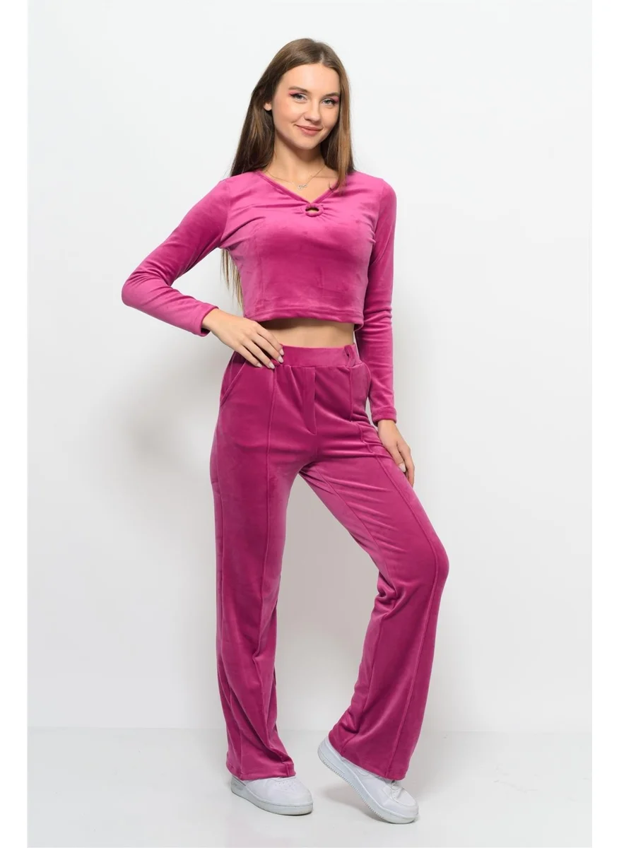 Nuseel Women Soft Velvet Trousers-Blouse Bottom Top Two Piece Set Pomegranate Flower