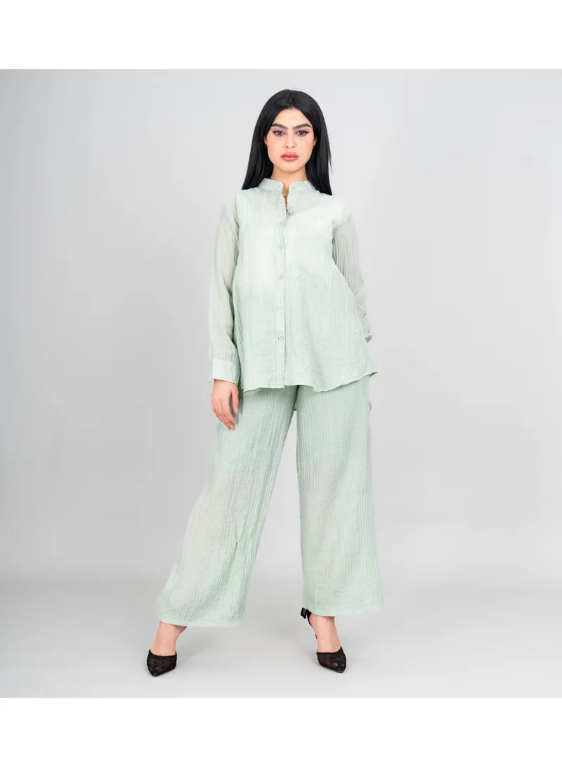 IKKXA Modern Two-Piece Outfit Soild Shirt and Pants Sheer Fabric IK497 Green