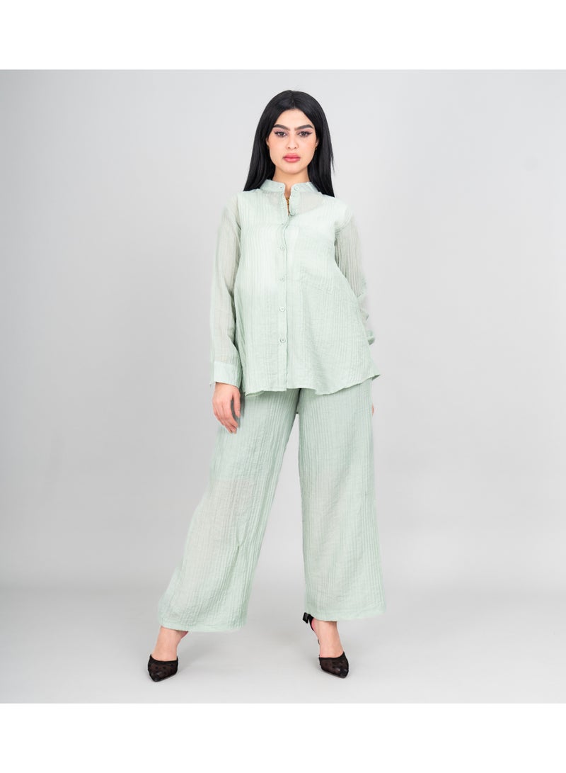 IKKXA Modern Two-Piece Outfit Soild Shirt and Pants Sheer Fabric IK497 Green - Image 1
