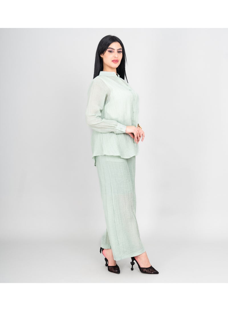 IKKXA Modern Two-Piece Outfit Soild Shirt and Pants Sheer Fabric IK497 Green - Image 3