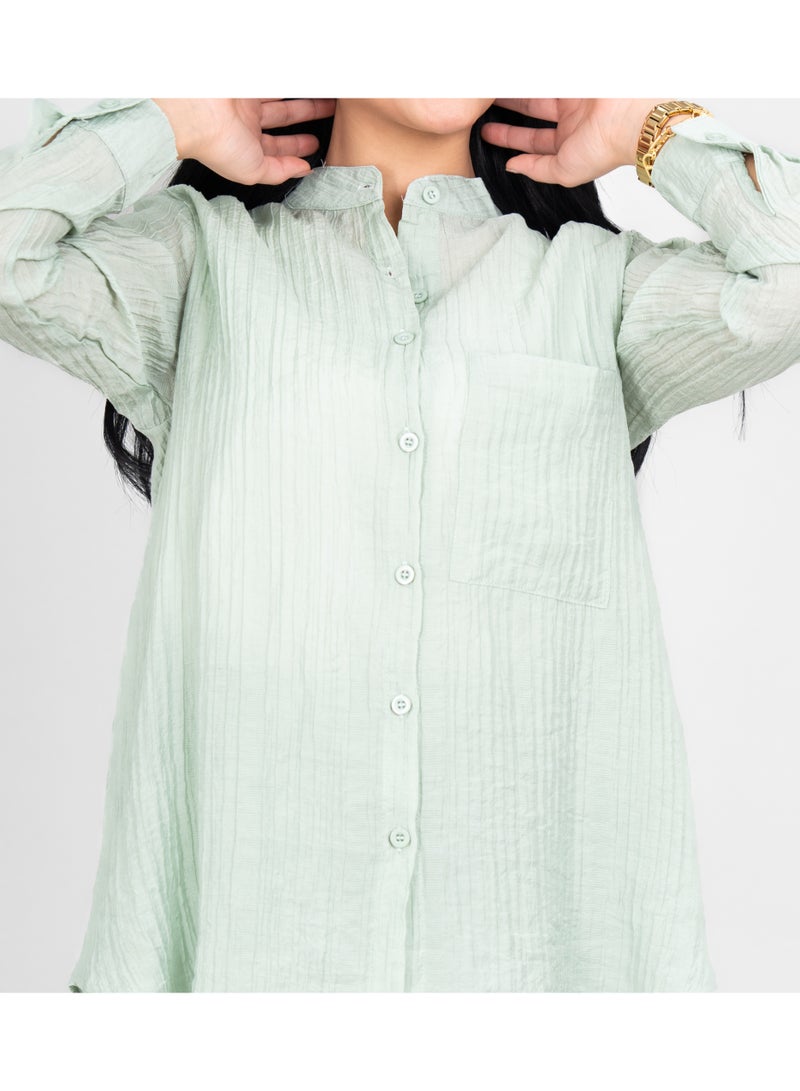 IKKXA Modern Two-Piece Outfit Soild Shirt and Pants Sheer Fabric IK497 Green - Image 2