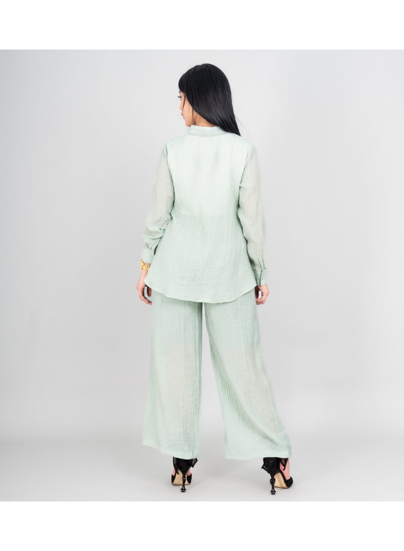 IKKXA Modern Two-Piece Outfit Soild Shirt and Pants Sheer Fabric IK497 Green - Image 4