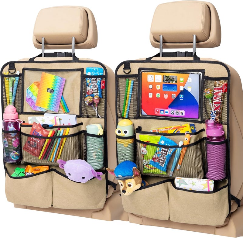 Helteko Backseat Car Organizer, Kick Mats Back Seat Protector with Touch Screen Tablet Holder, Back Seat Organizer for Kids with 9 Storage Pockets, Travel Accessories (2 Pack, Beige) - Image 1