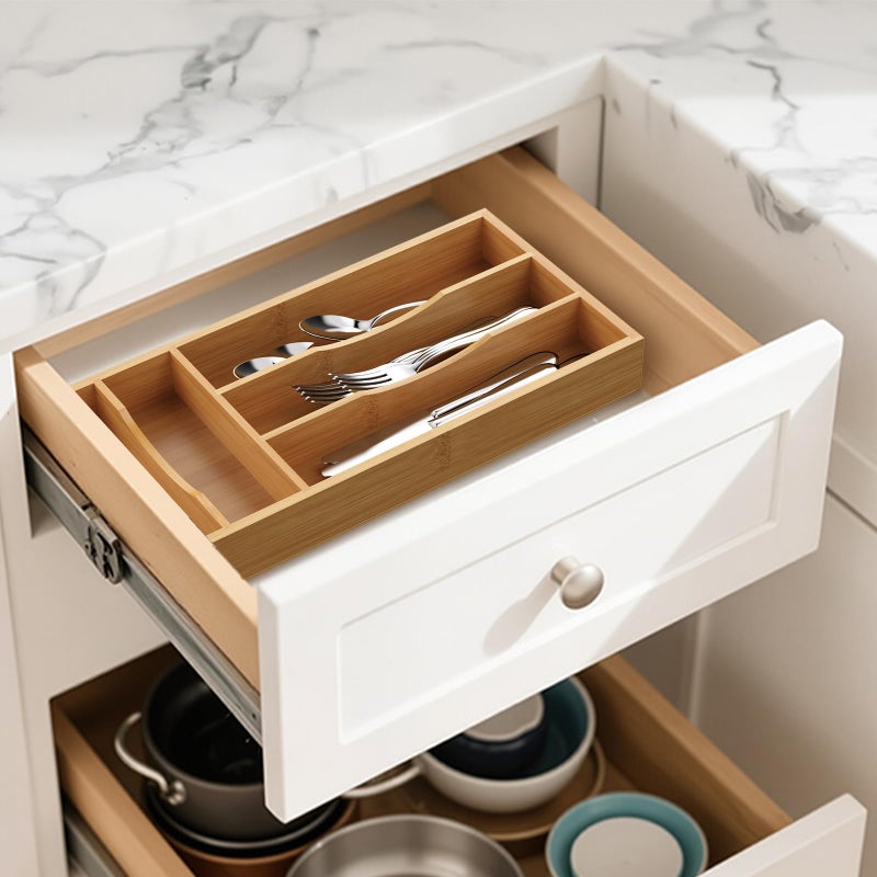 Bayting Small Silverware Organizer, Bamboo Kitchen Drawer Cutlery Organizer, Utensil Holder, Flatware Organizer Tray (14.2"x6.7"x1.6") - Image 5