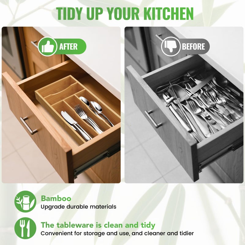 Bayting Small Silverware Organizer, Bamboo Kitchen Drawer Cutlery Organizer, Utensil Holder, Flatware Organizer Tray (14.2"x6.7"x1.6") - Image 3