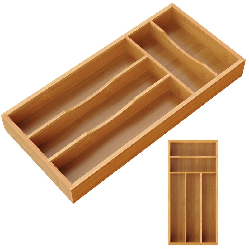 Bayting Small Silverware Organizer, Bamboo Kitchen Drawer Cutlery Organizer, Utensil Holder, Flatware Organizer Tray (14.2"x6.7"x1.6") - Image 1