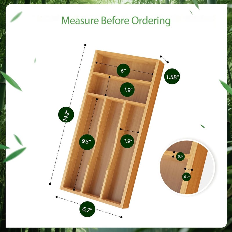 Bayting Small Silverware Organizer, Bamboo Kitchen Drawer Cutlery Organizer, Utensil Holder, Flatware Organizer Tray (14.2"x6.7"x1.6") - Image 2