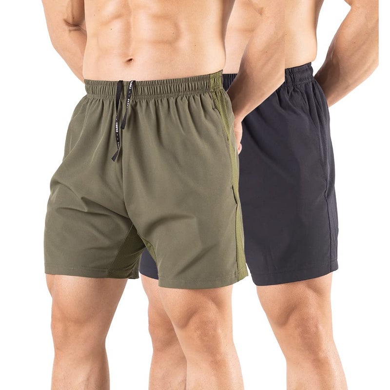 Gaglg Men's 5" Running Shorts 2 Pack Quick Dry Athletic Workout Gym Shorts with Zipper Pockets Black/Green,Medium - Image 1